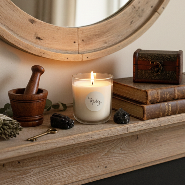 Candle with a label on a wooden surface with a mirror and books in the background