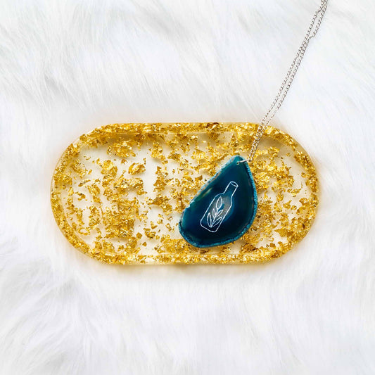Etched Herb Bottle Blue Agate Slice Pendant