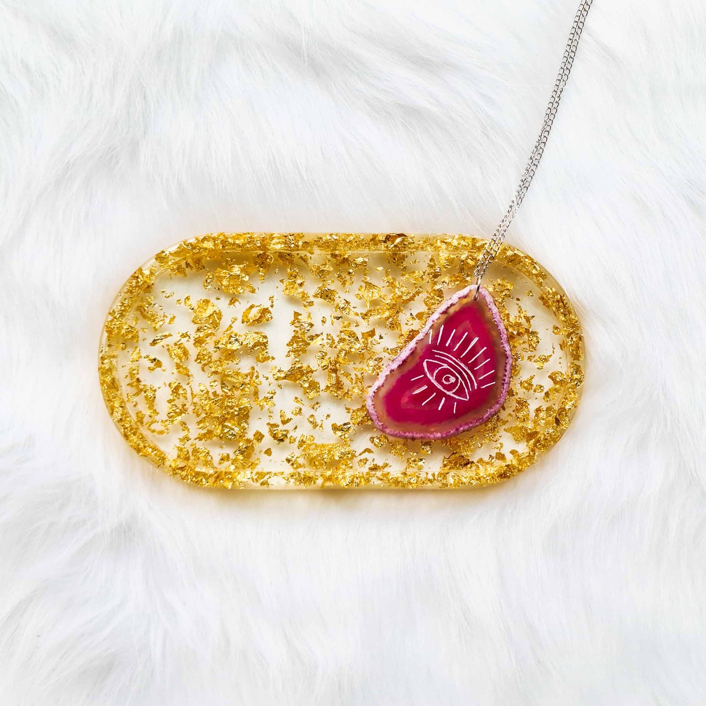 Etched Eye Symbol Pink Agate Slice Pendant