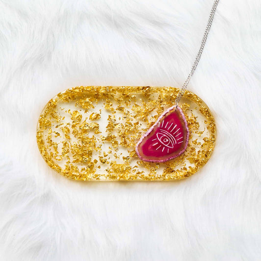 Etched Eye Symbol Pink Agate Slice Pendant