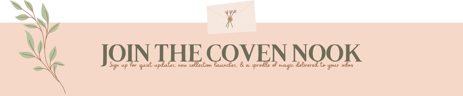 A banner-style graphic with a pale peach background and the text 'JOIN THE COVEN NOOK' in dark green serif lettering. Smaller text appears below, and a small illustrated card and leafy branch decorate the top left and center area.